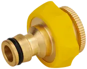 Messing slangekobling med gul plastgreb, gevind til vandhane og gummiring for tæt forbindelse. Robust design til udendørs vandinstallationer.