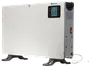 Hvid elektrisk panelvarmer med digital termostatdisplay, sidebetjening, ventilationsgitter, rød tænd/sluk-knap og foldbare fødder til gulvbrug.