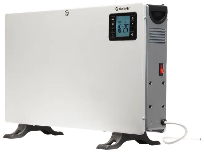 Hvid elektrisk panelvarmer med digital termostatdisplay, sidebetjening, ventilationsgitter, rød tænd/sluk-knap og foldbare fødder til gulvbrug.