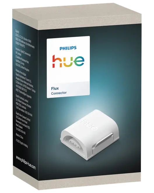 Philips Hue Flux Connector i hvid, kompakt design, bruges til at forbinde lysstrips. Leveres i en mærket æske med produktbillede og specifikationer på siden.