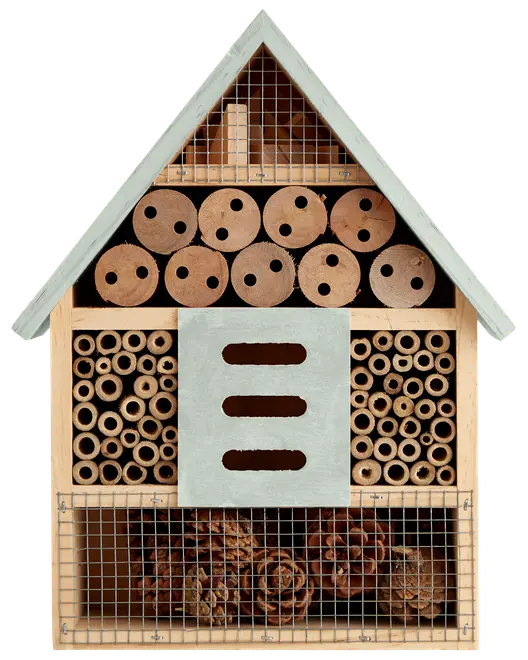 Insektbo i træ formet som et hus, med flere rum fyldt med bambusrør, borede træstykker, kogler og trådnet foran til at tiltrække nyttige haveinsekter.
