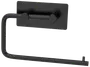 Toiletrulleholder i mat sort metal med rektangulær vægmontering og åben, vandret arm. Moderne, minimalistisk design, der passer til nutidige badeværelser.