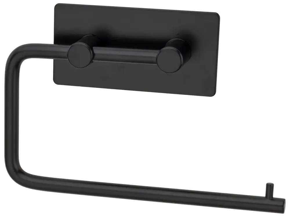 Toalettpappershållare i matt svart metall med rektangulärt väggfäste och öppen horisontell arm. Modern, minimalistisk design för samtida badrum.