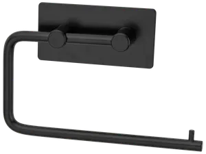 Toalettpappershållare i matt svart metall med rektangulärt väggfäste och öppen horisontell arm. Modern, minimalistisk design för samtida badrum.