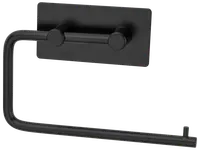 Väggmonterad toalettpappershållare med rektangulär träbas och svart metallarm. Modern, minimalistisk design, enkel att montera och passar vanliga toalettpappersrullar.