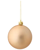 Matt guldfärgad julgranskula med slät yta, guldfärgad topp och upphängningssnöre. Klassisk rund form, cirka 8 cm i diameter.