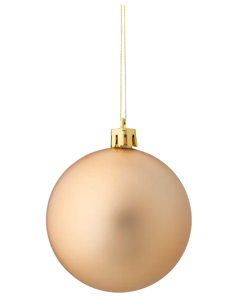 Matt guldfärgad julgranskula med slät yta, guldfärgad topp och upphängningssnöre. Klassisk rund form, cirka 8 cm i diameter.