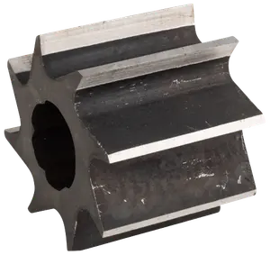 Industriellt kugghjul i metall med åtta raka, jämnt fördelade tänder, cylindrisk form och centralt monteringshål. Tillverkat av hållbart stål, för maskiner eller mekanik.