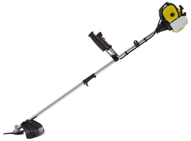 Benzindrevet græstrimmer med lige metalskaft, ergonomisk håndtag og beskyttelsesskjold. Velegnet til effektiv klipning af græs og ukrudt i haver og på plæner.