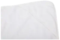 Hvid babyhåndklæde med hætte, lavet af blødt, absorberende stof. Har en hjørnehætte til nem indpakning og tørring. Velegnet til spædbørn og små børn.