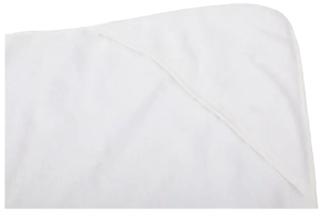 Vitt babybadlakan med huva, tillverkat av mjukt och absorberande tyg. Har huva i ett hörn för enkel insvepning och torkning. Enkel, enfärgad design.