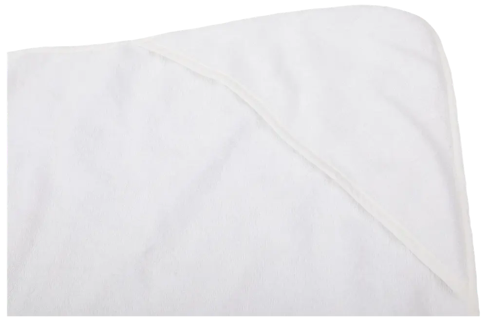 Hvid babyhåndklæde med hætte, lavet af blødt, absorberende stof. Har en hjørnehætte til nem indpakning og tørring. Velegnet til spædbørn og små børn.