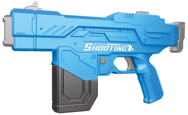 Blå plastik legetøjspistol med futuristisk design, sort magasin og hvid "Shooting" tekst på siden. Har tekstureret greb, aftrækker og kantede detaljer for moderne udseende.