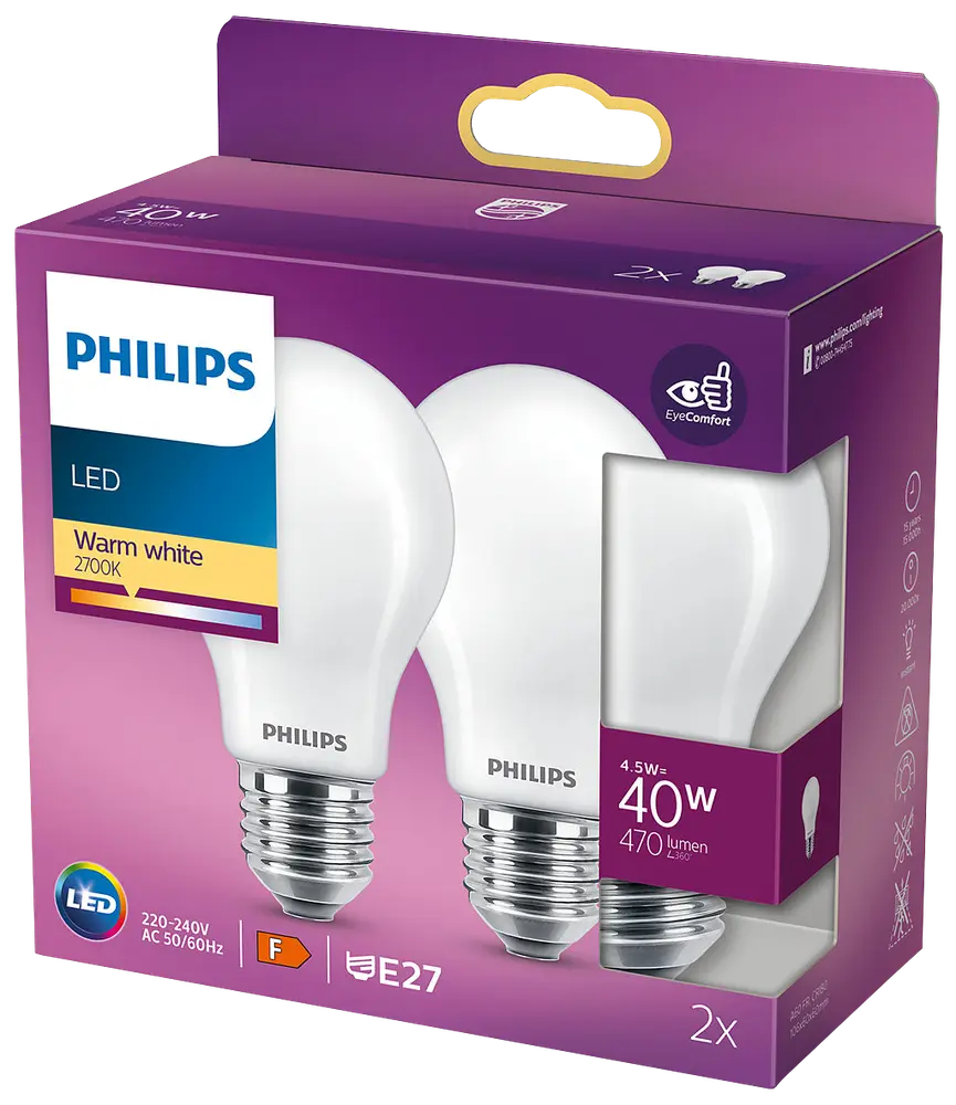 Philips Classic A60 LED-pære 5W E27 (2-pakke) (varm hvid) billede 3
