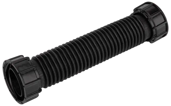 Sort fleksibel korrugeret plastslange med gevindforbindelser i begge ender. Velegnet til VVS eller afløb, holdbar og nem at montere.