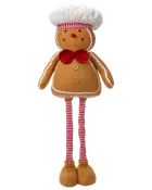 Mjuk pepparkaksdocka med kockmössa, röd rosett, rödvitrandiga ben, bruna knappar och leende ansikte. Dekorativa sömmar på armar och kropp.