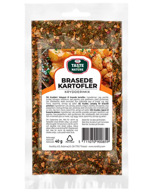 40g påse Taste Nature Brasede Kartofler kryddmix, innehåller torkade örter och kryddor för stekt potatis. Transparent förpackning visar färgglad blandning. Passar potatisrätter.