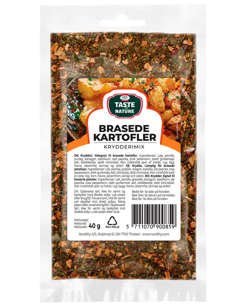 40g påse Taste Nature Brasede Kartofler kryddmix, innehåller torkade örter och kryddor för stekt potatis. Transparent förpackning visar färgglad blandning. Passar potatisrätter.