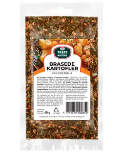 40g påse Taste Nature Brasede Kartofler kryddmix, innehåller torkade örter och kryddor för stekt potatis. Transparent förpackning visar färgglad blandning. Passar potatisrätter.