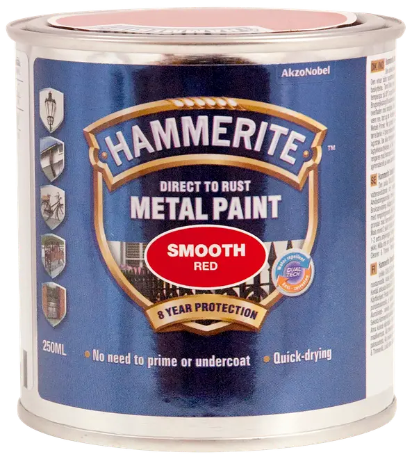 Hammerite glat rød metalmaling, 250 ml dåse. Påføres direkte på rust, ingen grundmaling nødvendig, hurtigtørrende, 8 års beskyttelse, velegnet til udendørs metaloverflader.