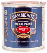 Hammerite glat rød metalmaling, 250 ml dåse. Påføres direkte på rust, ingen grundmaling nødvendig, hurtigtørrende, 8 års beskyttelse, velegnet til udendørs metaloverflader.