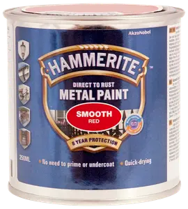 Hammerite glat rød metalmaling, 250 ml dåse. Påføres direkte på rust, ingen grundmaling nødvendig, hurtigtørrende, 8 års beskyttelse, velegnet til udendørs metaloverflader.
