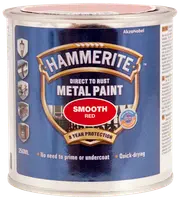 Hammerite glat rød metalmaling, 250 ml dåse. Påføres direkte på rust, ingen grundmaling nødvendig, hurtigtørrende, 8 års beskyttelse, velegnet til udendørs metaloverflader.