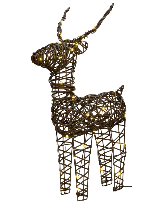Brun flätad renfigur med inbyggda varmvita LED-lampor. Passar för inomhus- eller utomhusdekoration. Har detaljerade horn och rustik, flätad design.