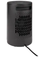 Kompakt svart elektrisk värmefläkt med cylindrisk form, frontgaller och knappar upptill. Utrustad med strömkabel vid basen, passar små rum eller personligt bruk.