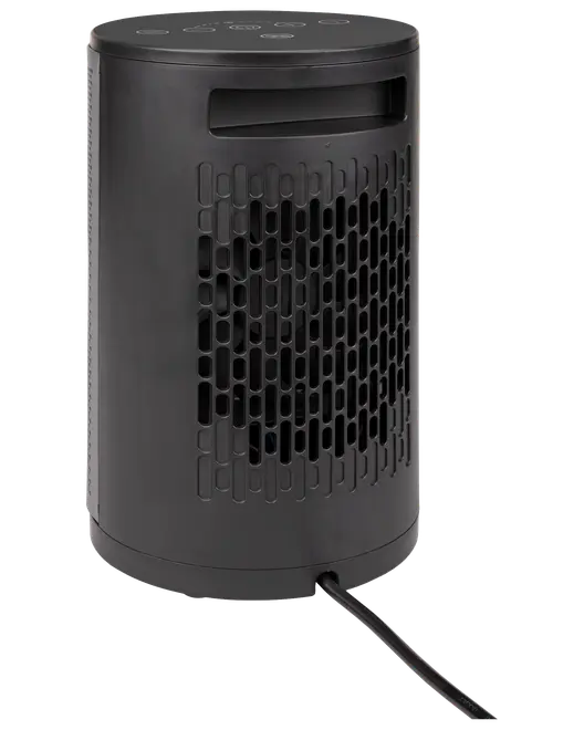 Kompakt sort elektrisk varmeblæser med cylindrisk form, frontgitter og knapper på toppen. Har strømledning i bunden, velegnet til små rum eller personlig brug.