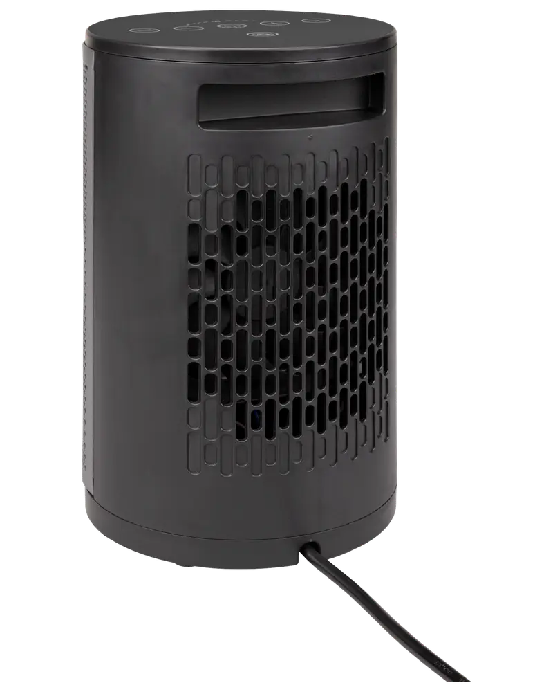 Kompakt svart elektrisk värmefläkt med cylindrisk form, frontgaller och knappar upptill. Utrustad med strömkabel vid basen, passar små rum eller personligt bruk.