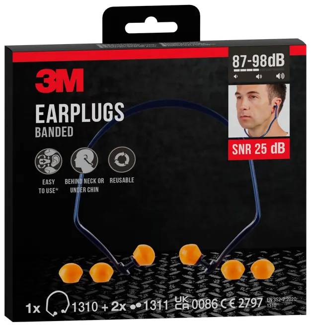 3M bøjleørepropper med orange skumpropper og blå bøjle, genanvendelige, nemme at bruge, bæres bag nakken eller under hagen, SNR 25 dB, ekstra ørepropper medfølger.