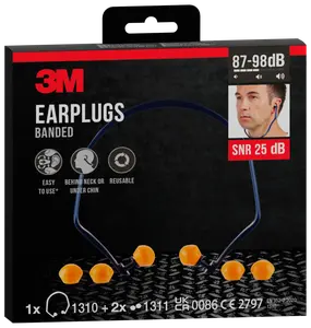 3M bøjleørepropper med orange skumpropper og blå bøjle, genanvendelige, nemme at bruge, bæres bag nakken eller under hagen, SNR 25 dB, ekstra ørepropper medfølger.