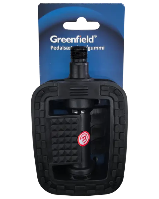 Svart Greenfield-cykelpedal med mönstrad gummiyta för grepp, slitstark plastkropp och metallspindel. Förpackad på blått kort med varumärket synligt upptill.