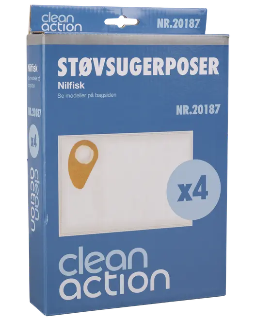 Förpackning med Clean Action dammsugarpåsar, modell NR.20187, för Nilfisk. Innehåller 4 vita påsar med brun kartongfäste. Blå förpackning med produktinformation.