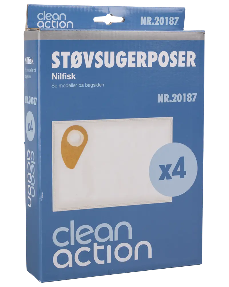 Förpackning med Clean Action dammsugarpåsar, modell NR.20187, för Nilfisk. Innehåller 4 vita påsar med brun kartongfäste. Blå förpackning med produktinformation.
