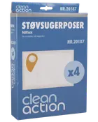 Pakke med Clean Action støvsugerposer, model NR.20187, til Nilfisk. Indeholder 4 hvide poser med brun papmontering. Blå emballage med produktinformation.