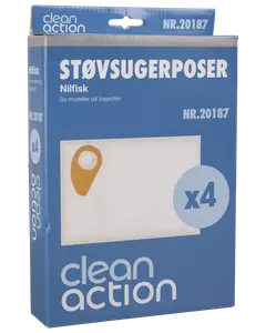 Förpackning med Clean Action dammsugarpåsar, modell NR.20187, för Nilfisk. Innehåller 4 vita påsar med brun kartongfäste. Blå förpackning med produktinformation.