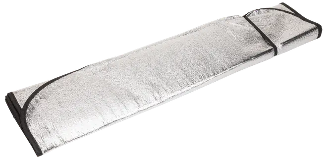 Rektangulær, sølvfarvet solskærm til forruden med sort kant, foldbar og med elastikrem. Blokerer sollys og reducerer varme i parkerede biler.