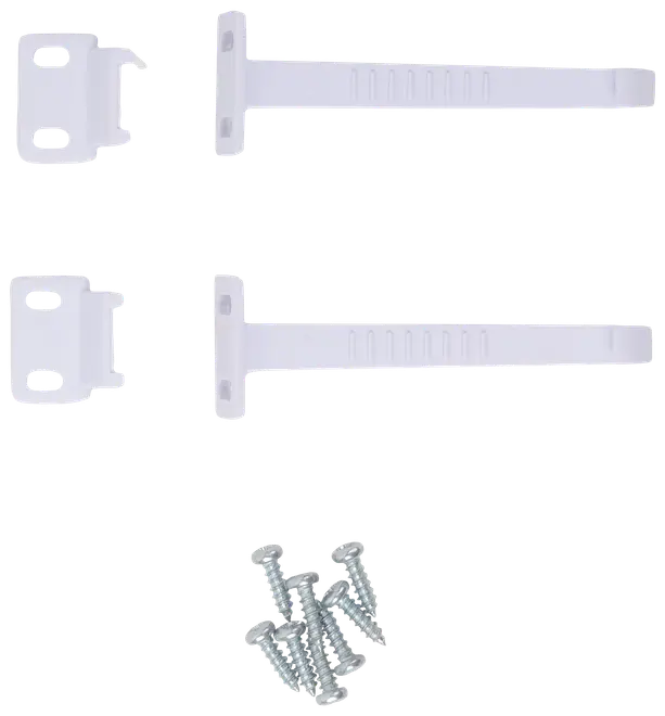Set med två vita justerbara säkerhetsremmar, monteringsfästen och skruvar, avsedda för att säkra möbler mot vägg för att förhindra att de välter och öka barns säkerhet.