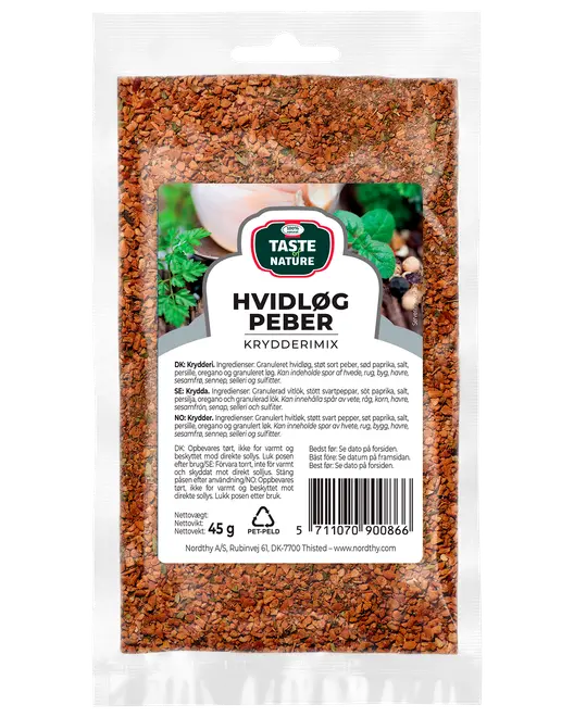 45g återförslutningsbar påse Taste of Nature vitlök-peppar kryddmix med granulerad vitlök, svartpeppar, paprika, salt, sesam och andra kryddor. Passar till matlagning.