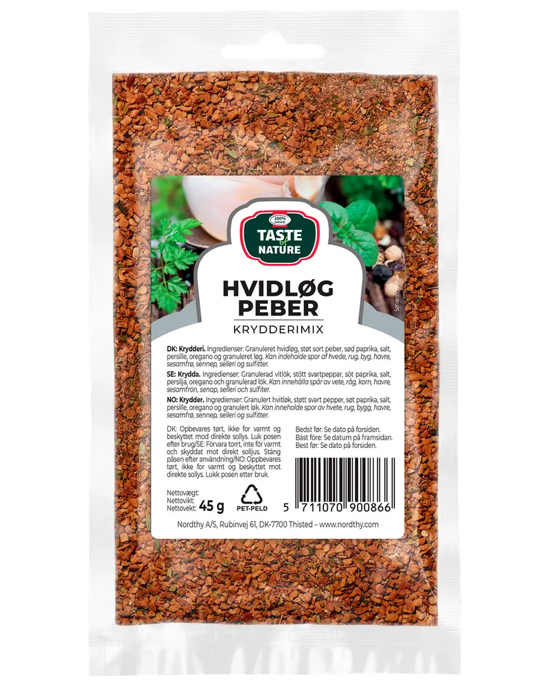 45g återförslutningsbar påse Taste of Nature vitlök-peppar kryddmix med granulerad vitlök, svartpeppar, paprika, salt, sesam och andra kryddor. Passar till matlagning.