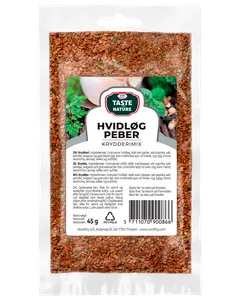 45g återförslutningsbar påse Taste of Nature vitlök-peppar kryddmix med granulerad vitlök, svartpeppar, paprika, salt, sesam och andra kryddor. Passar till matlagning.