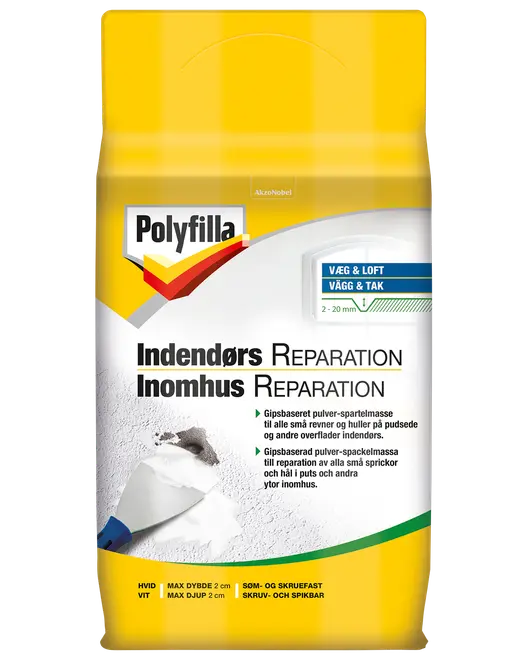 Polyfilla indendørs reparationspulver til vægge og lofter, egnet til revner og huller op til 2 cm dybde. Hvid farve, skrue- og sømfast. Til pudsede overflader.