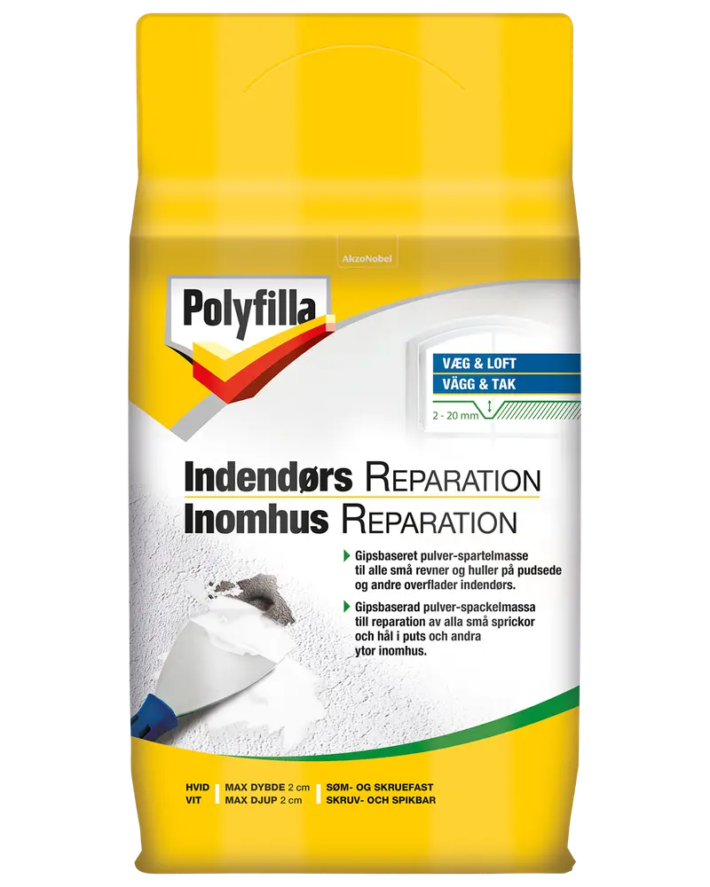 Polyfilla indendørs reparationspulver til vægge og lofter, egnet til revner og huller op til 2 cm dybde. Hvid farve, skrue- og sømfast. Til pudsede overflader.