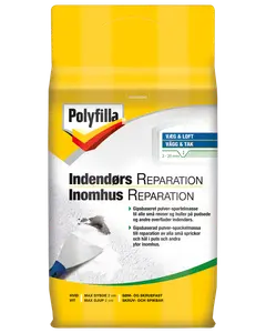Polyfilla indendørs reparationspulver til vægge og lofter, egnet til revner og huller op til 2 cm dybde. Hvid farve, skrue- og sømfast. Til pudsede overflader.