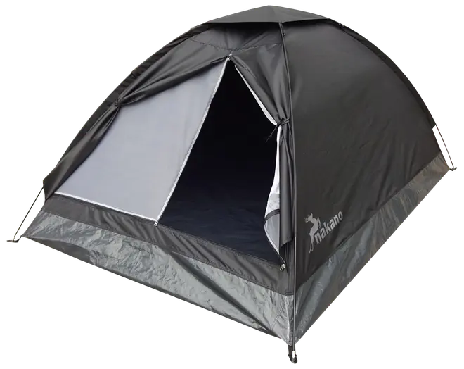 Svart kupoltält med delvis öppen dörr, grå nederkant och Nakano-logga på sidan. Rymmer två personer, lätt och väderbeständigt material.