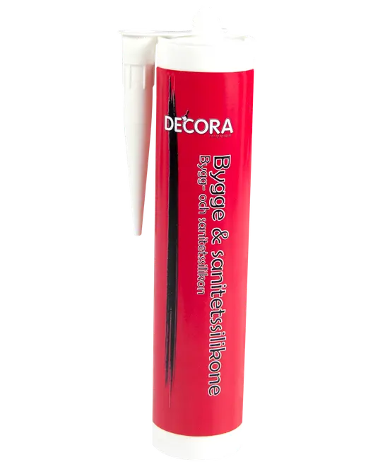Rød tube Decora bygge- og sanitetsilikone med hvid dyse, velegnet til fugning i badeværelser, køkkener og andre våde områder. Nem at påføre og vandtæt.