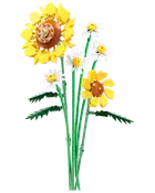 LEGO-lignende buket med gule solsikker og hvide margueritter, med grønne stilke, blade og lagdelte blomsterblade.
