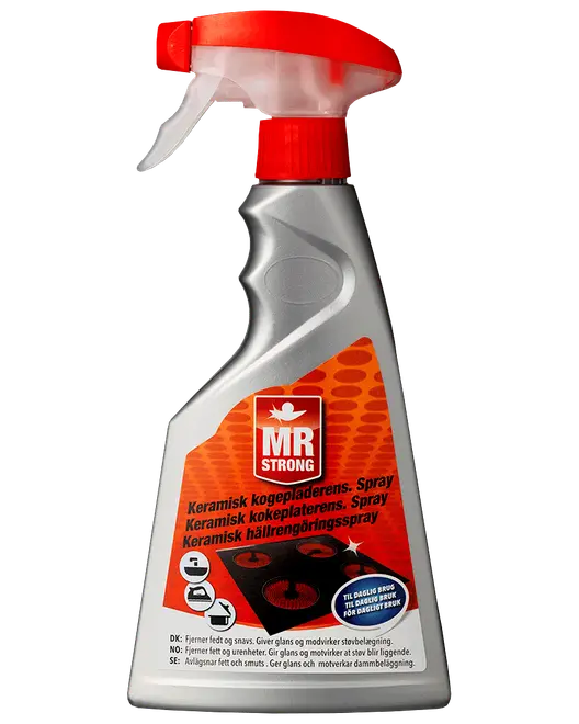 MR Strong keramisk kogepladerens i grå flaske med rød spraytrigger og orange etiket, til at fjerne fedt og snavs fra kogeplader.